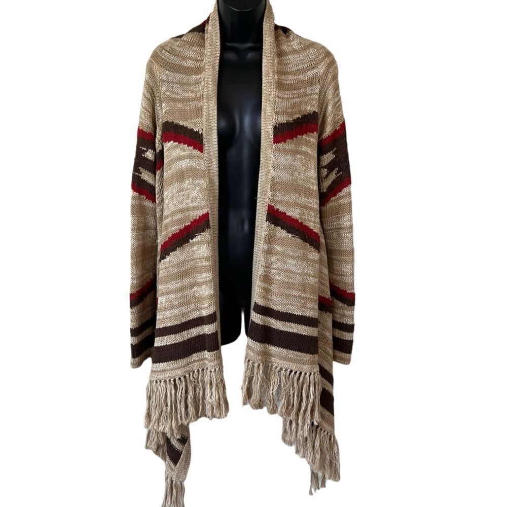 LRL Ralph Lauren Southwestern Fringe Linen Wool Topper Cardigan